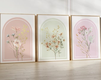 Watercolor Flower Prints Set of 3, Wildflowers Floral Art, Gallery Wall Art, Floral Paintings, Minimalist Modern Home Decor Boho Bouquet