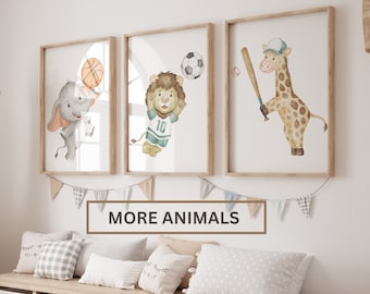 Sport-Kinderzimmer-Kunst, Tiersport, Baby-Tiersport, Jungen-Sport-Kinderzimmer, Basketball, Football, Baseball-Kinderzimmer, Tiere-Kinderzimmer-Wandkunst