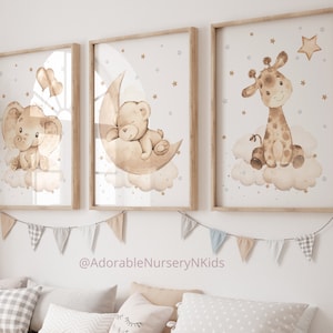 Gender Neutral Nursery, Animal Nursery Decor, Giraffe, Elephant, Bear, Animal Prints, Cloud and Stars, Nursery Wall Art Animal, Moon Nursery