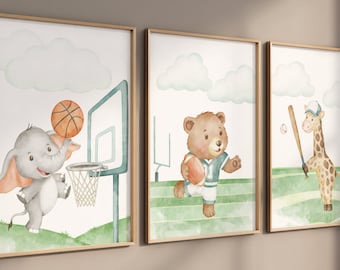 Sport-Kinderzimmer-Kunst, Tiersport, Baby-Tiersport, Jungen-Sport-Kinderzimmer, Basketball, Football, Baseball-Kinderzimmer, Tiere-Kinderzimmer-Wandkunst