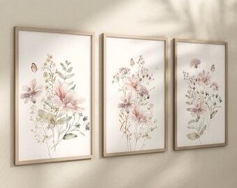 Arte de pared estilo bohemio para habitación infantil, decoración con flores silvestres, lámina botánica, arte floral para habitación infantil, decoración para habitación de niña, láminas de flores silvestres, flores de prado