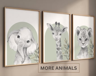 Safari dierenprints, olifant leeuw giraf, saliegroen genderneutraal decor kinderkamer speelkamer, jungle dierenprints, set van 3 prints