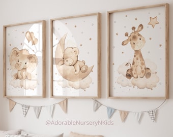 Animal Nursery Prints: Giraffe, Elephant, Bear on Cloud (Set of 3)