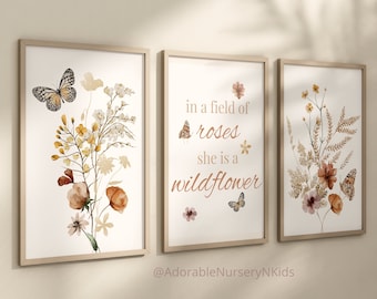 Decoración de guardería con flores silvestres, estampado botánico, arte de pared bohemio para guardería, arte floral para guardería, decoración de guardería para niñas, estampados de flores silvestres, flores de pradera