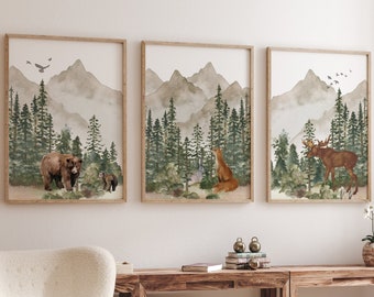 Woodland Animal Nursery Prints, Adventure Mountain Theme, Set of 3, Mountain Nursery Art, Gender Neutral Nursery, Forest Nursery