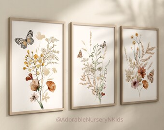 Arte de pared estilo bohemio para habitación infantil, decoración con flores silvestres, lámina botánica, arte floral para habitación infantil, decoración para habitación de niña, láminas de flores silvestres, flores de prado