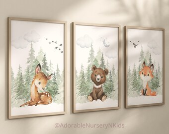 Woodland Kinderzimmer Dekor, Woodland Kinderzimmer Wandkunst, Woodland Druck-Set, Tierdrucke, Woodland Tierdrucke, Kinderzimmer Wald Wandkunst