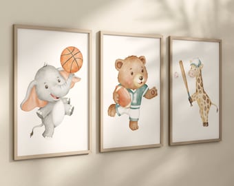 Sports Nursery Art, Animal Sports, Baby animal sports, Boy Sports Nursery, Basketball, Football, Baseball Nursery, Animals Nursery Wall Art