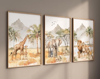 Stampe di animali della savana: illustrazioni ad acquerello della giungla per la cameretta dei bambini, set di 3