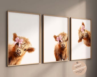 Peeking Highland Cow Nursery Print, Baby Girl Highland Cow Nursery Decor Gift, Baby Girl Farm Bedroom Pink Bow Wall Decor Digital Prints