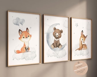 Waldtiere, Reh, Bär, Fuchs, Reh, Bär, Waldtiere, Babyzimmer, Babyzimmer Dekor, Neutrales Kinderzimmerbild, Waldtiere