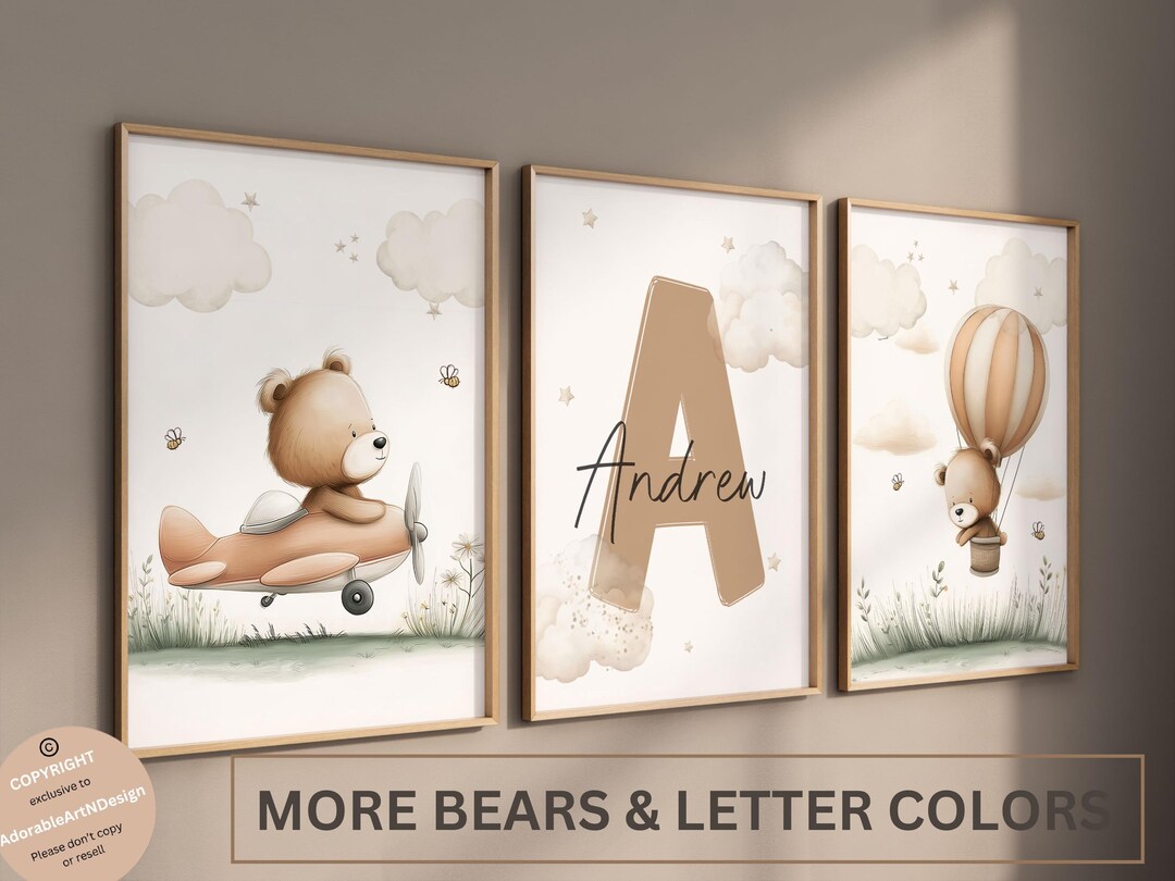Set of 3 Custom Teddy Bear Nursery Wall Art Print| Personalized Name ...