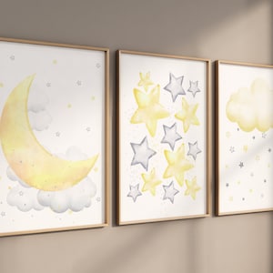 Gender Neutral Nursery, Yellow Grey Nursery Prints, Cloud and Stars, Nursery Wall Art, Moon Nursery, Baby Room Decor, Neutral Nursery Decor