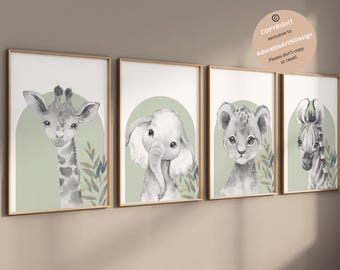Safari Animal Prints, Elephant Lion Giraffe, Sage Green Gender Neutral Kids Bedroom Playroom Decor, Jungle Animal Prints, set of 4 prints