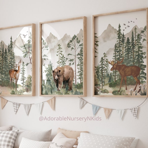 Woodland Animal Print, Tree Nursery, Adventure Theme Nursery, Mountain Nursery Art, Gender Neutral Nursery, Forest Nursery, Woodland Nursery