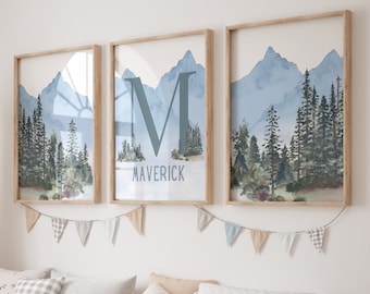 Woodland Nursery Art, Personalized Name Prints, Mountain Nursery Decor, Adventure Theme Nursery, Forest Nursery Prints, Boy Nursery Decor