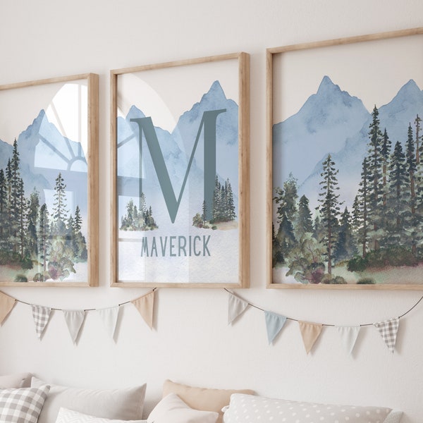 Arte infantil con temática de bosque, impresiones con nombres personalizados, decoración infantil de montaña, guardería con temática de aventura, impresiones infantiles de bosque, decoración infantil para niño