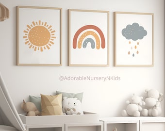 Boho zon kinderkamer kunst aan de muur, decor boho kinderkamer, kinderkamer inrichting regenboog, genderneutraal kinderdagverblijf, boho kunst aan de muur, kunst aan de muur zon, regenboog prints