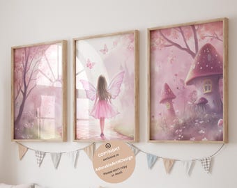 Fairy garden wall art, fairy art, set of 3, Nursery fairy theme decor, girls bedroom decor, girls fairy wall art, fairy decor, girl nursery
