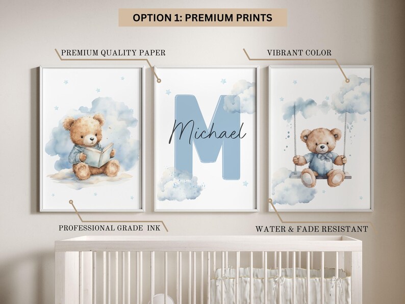 Set of 3 Custom Teddy Bear Nursery Wall Art Print| Personalized Name ...