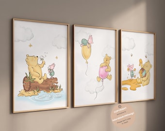 Winnie the Pooh Nursery Wall Art, Classic Winnie the Pooh Wall Art, set of 3,  Classic Pooh Baby Decor Wall Art, Nursery wall art