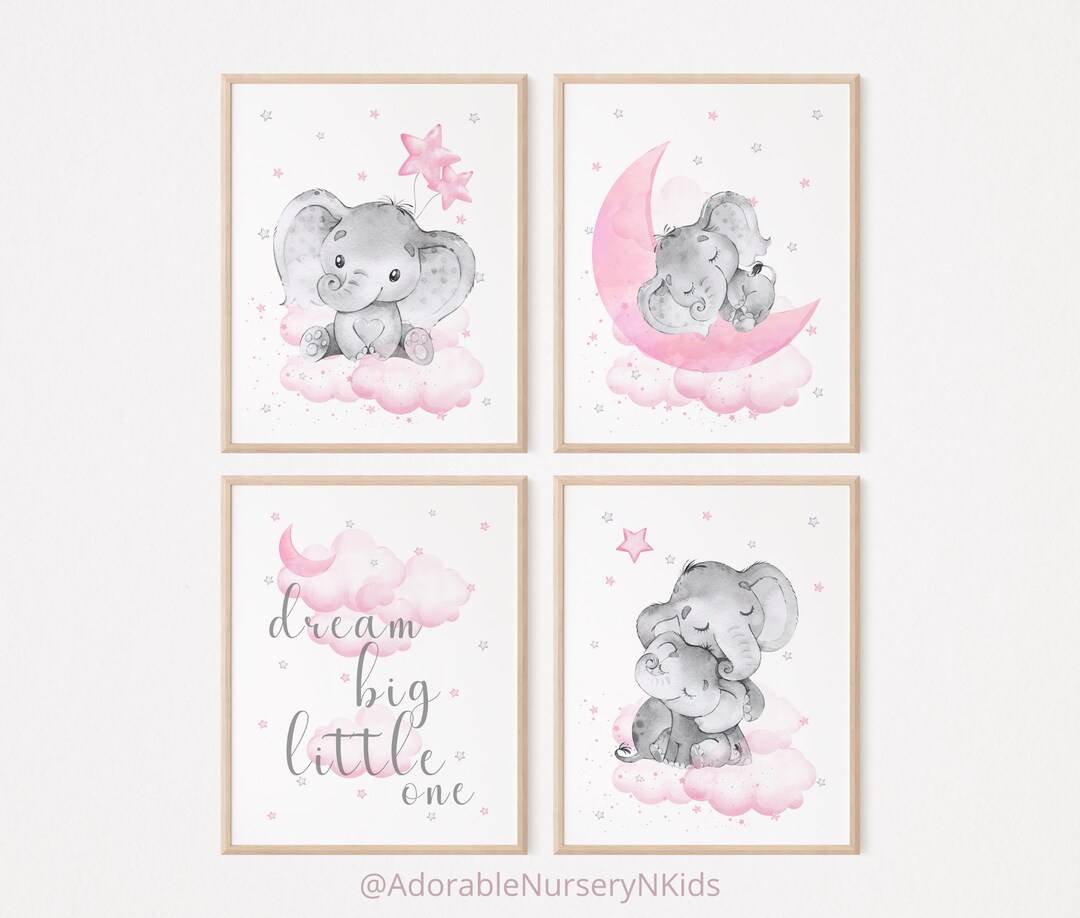 Nursery Decor Girl, Elephant Nursery Art, Pink Gray Nursery, Baby Girl ...