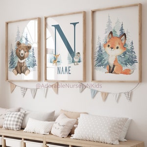 Woodland kinderdagverblijf prints, kinderkamer decor bos, bosrijke dierenprints, beer, vos, hert, bosrijke kinderkamer kunst aan de muur, genderneutraal kinderkamer