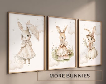 Set of 3 Bunny Nursery Wall Art Print, Baby Rabbit Prints,  Bunny nursery art, baby animal poster , baby girl nursery decor, pink nursery