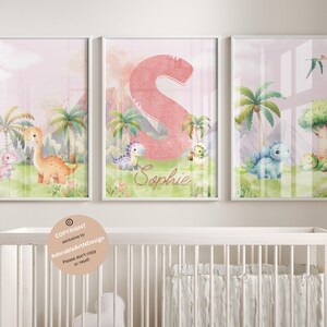Lot de 3 impression d'art mural dinosaure personnalisé chambre d'enfant | fille Dino Print| Plaque nominative personnalisée pour chambre d'enfant, cadeau imprimable pour enfants | Décoration de chambre d'enfant