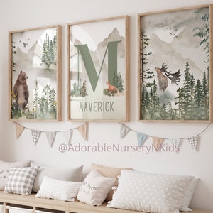 Arte del vivaio di montagna, stampe di nomi personalizzati, vivaio a tema avventura, vivaio neutro, vivaio forestale, animali del bosco, vivaio boschivo
