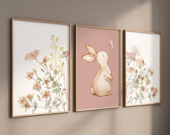 Bunny Nursery prints, baby girl nursery decor, bunny wildflower prints, Floral Bunny  Wall Art, Boho Nursery Wall Art, pink nursery decor