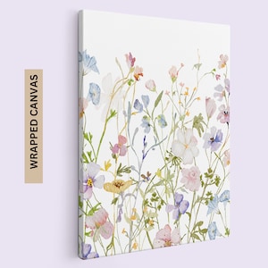 K&ouml;nnte beinhalten: Ein Aquarellbild eines Feldes mit Wildblumen in Rosa-, Lila-, Blau- und Gelbt&ouml;nen. Die Blumen sind in einer vertikalen Reihe angeordnet, wobei die h&ouml;chsten Blumen oben und die niedrigsten Blumen unten sind. Der Hintergrund ist wei&szlig;.