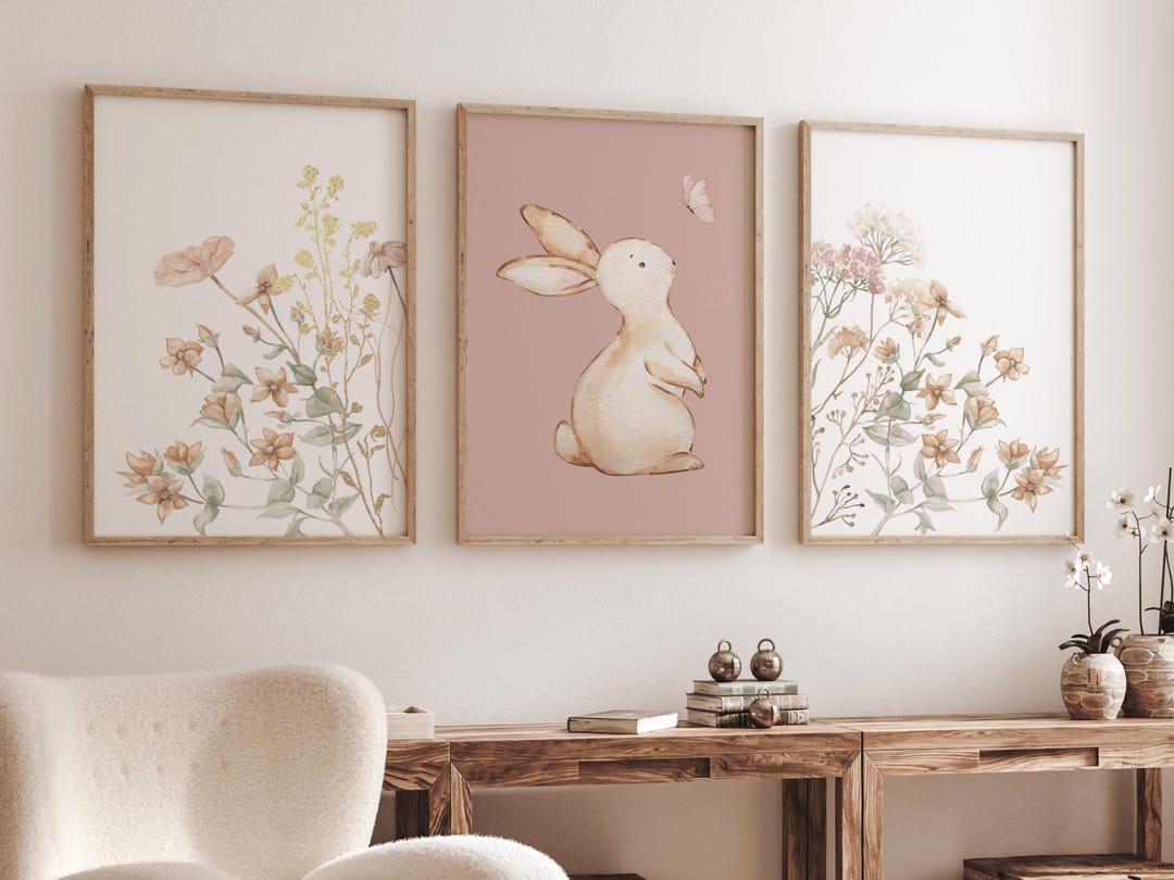 Bunny Nursery Prints, Baby Girl Nursery Decor, Bunny Wildflower Prints ...