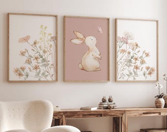 Bunny Nursery prints, baby girl nursery decor, bunny wildflower prints, Floral Bunny  Wall Art, Boho Nursery Wall Art, pink nursery decor