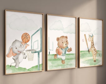 Sports Nursery Art, Animal Sports, Baby animal sports, Boy Sports Nursery, Basketball, Football, Baseball Nursery, Animals Nursery Wall Art
