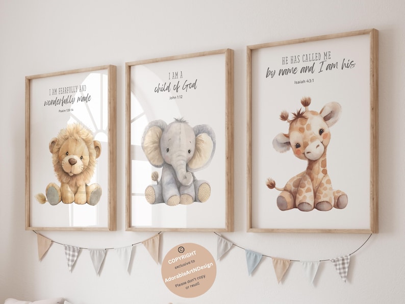 May include: Three framed prints with watercolor illustrations of a lion, elephant, and giraffe. Each print features a bible verse. The lion print says "I am fearfully and wonderfully made." The elephant print says "I am a child of God." The giraffe print says "He has called me by name and I am his."