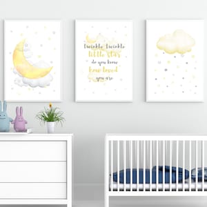 Twinkle Twinkle Little Star, Gender Neutral Nursery, Yellow Gray Nursery, Cloud and Stars,  Yellow Nursery Wall Art, Nursery Decor Neutral