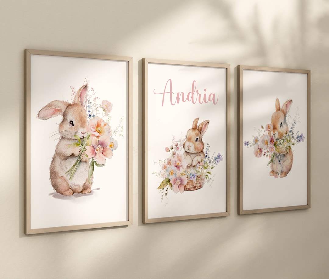 Bunny Wall Art, Bunny Nursery, Bunny Floral Prints, Girl Nursery Decor ...