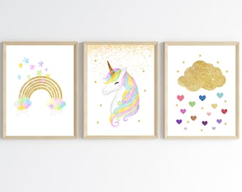 Girl Nursery Decor, Glitter Unicorn, Pink Purple Nursery, Unicorn Nursery Prints, Rainbow, Cloud, Hearts Unicorn Wall Art, Glitter Nursery