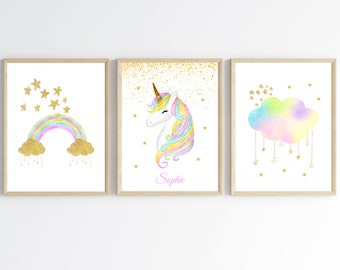 Unicorn Nursery Art Prints: Rainbow, Cloud, Glitter Decor (Set of 3)
