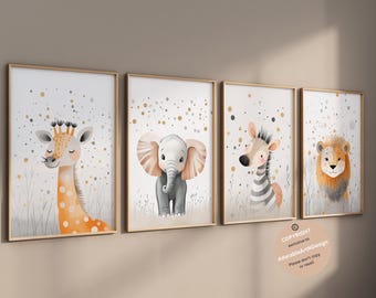 Estampados de animales de safari, decoración de guardería de safari, animales bebés de safari, guardería de jungla, guardería neutra, arte para habitación infantil, decoración de guardería de animales bebés
