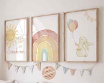 Boho Rainbow Nursery Prints Girl nursery wall art Nursery decor girls Bunny nursery Rainbow Sun Print boho nursery wall decor rabbit nursery