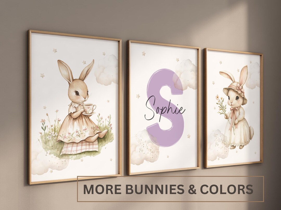Set of 3 Bunny Nursery Wall Art Print, Baby Rabbit Prints, Personalised ...