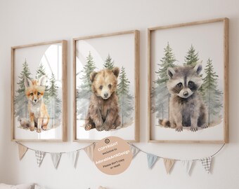 Stampa Su Tela Rustica Con Orsetti, Quadro Animali Del Bosco, Decorazione Parete Per Cameretta Bambini, Con Cornice