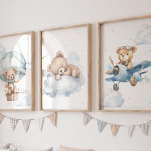 Set of 3 Teddy bear nursery wall art print| Bear nursery Decor| Bear ,Moon, Cloud| Nursery Decor| Baby boy nursery | Boy nursery wall art
