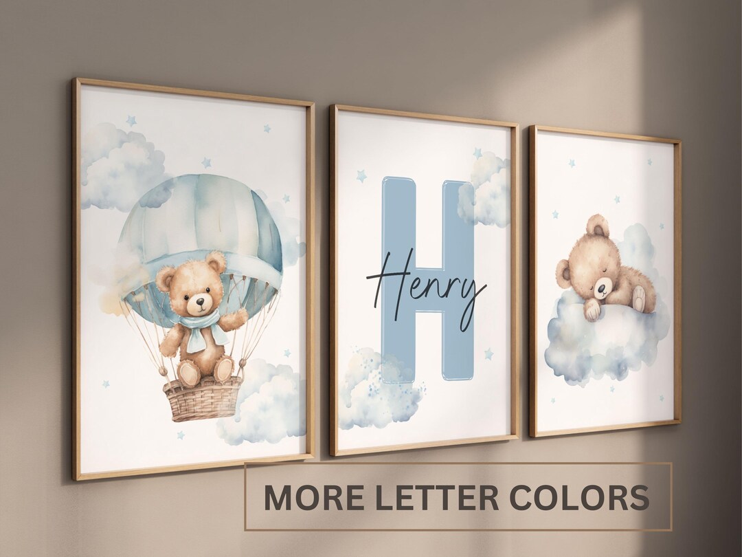 Set of 3 Custom Teddy Bear Nursery Wall Art Print| Personalized Name ...