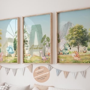 Lot de 3 impression d'art mural dinosaure personnalisé chambre d'enfant | Imprimé dinosaure garçon| Plaque nominative personnalisée pour chambre d'enfant, cadeau imprimable pour enfants | Décoration de chambre d'enfant