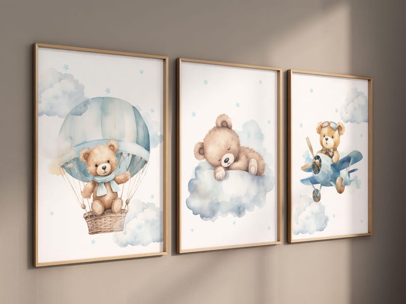 Set of 3 Teddy Bear Nursery Wall Art Print| Bear Nursery Decor| Bear ...