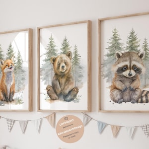 Woodland Animal Prints, Woodland Nursery Wall Art Gift, Boy Nursery Wall Art, Forest Animal Nursery Decor, Aquarel Bear Deer Fox Prints