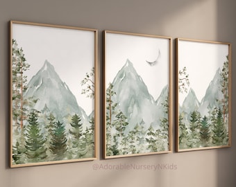 Láminas de aventura para guardería, arte de montaña para guardería, arte mural de bosque, láminas de árboles para guardería, arte mural de montaña para guardería, decoración de pared de guardería